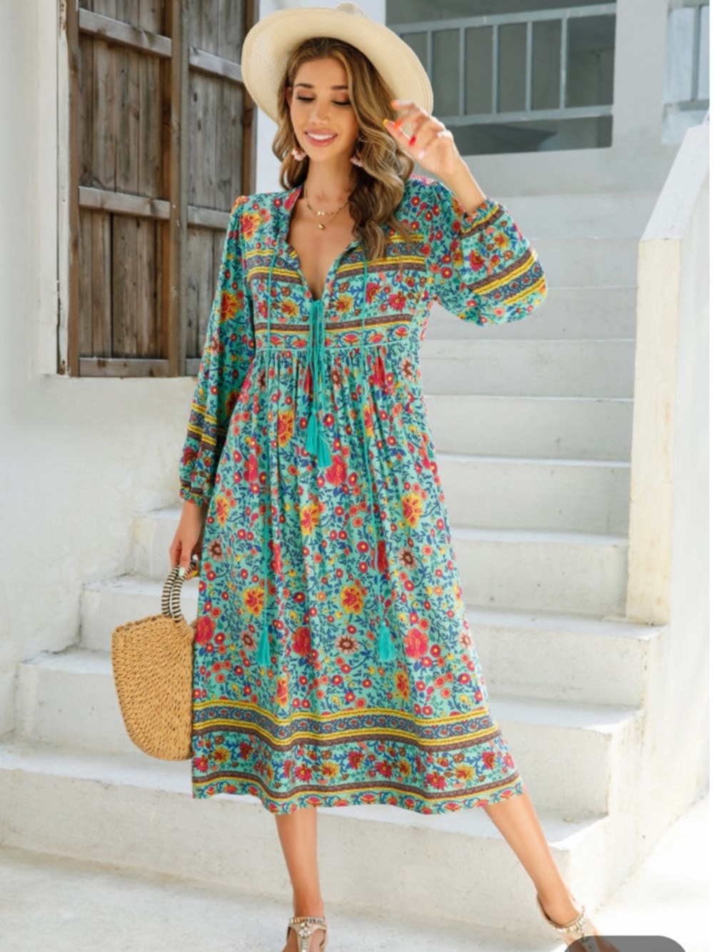 R Vivimos Boho Floral Midi Dress Womens M Teal Tassel Tie V Neck NWT Peasant A4 - Picture 5 of 15